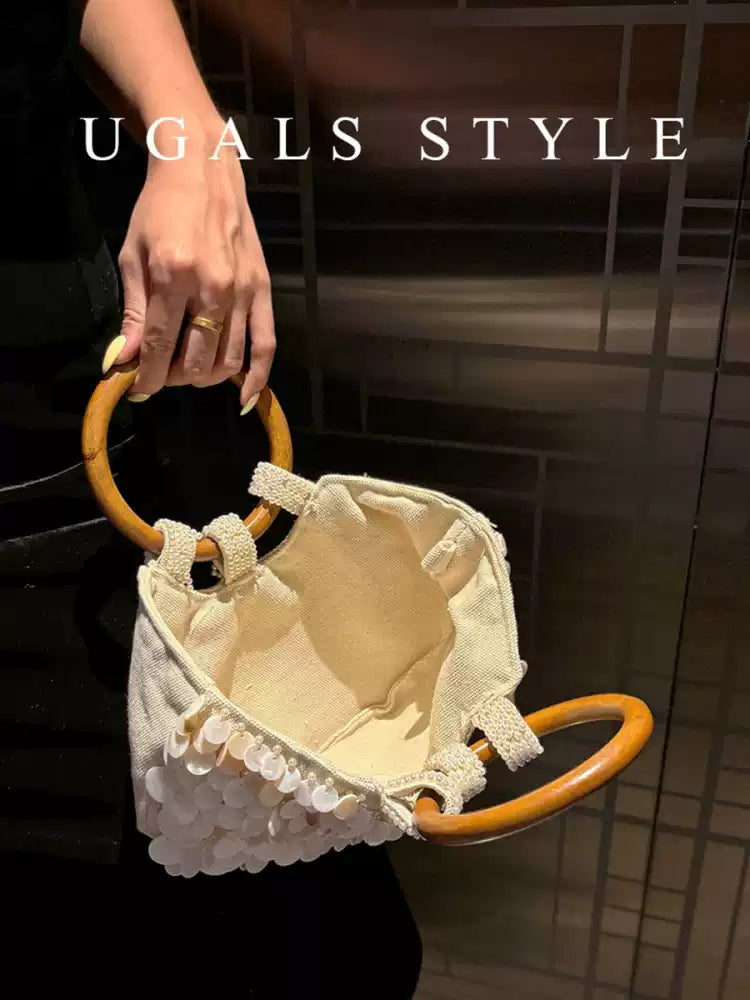 Vintage Handwoven Shell Disc Bucket Bag