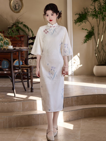 Soft Clouds - Half Sleeve Midi Floral Cheongsam