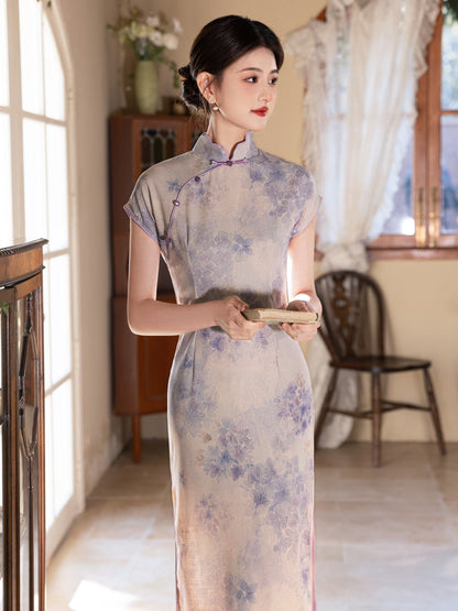 Lavender - Short Sleeve Floral Midi Purple Cheongsam