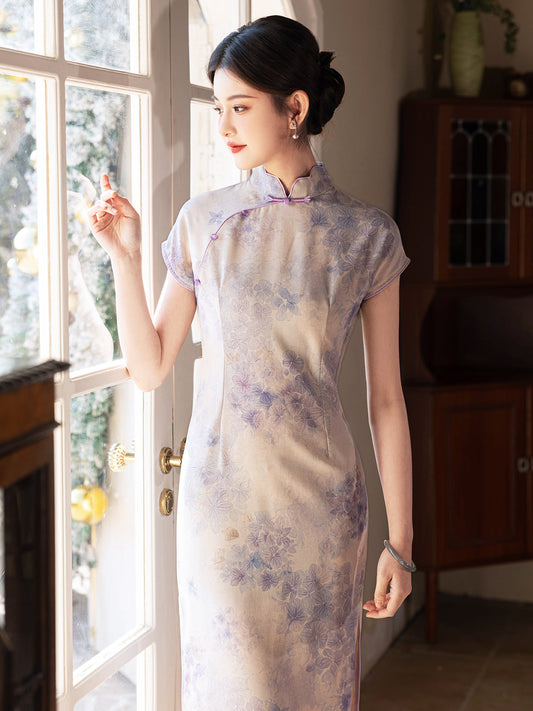 Lavender - Short Sleeve Floral Midi Purple Cheongsam