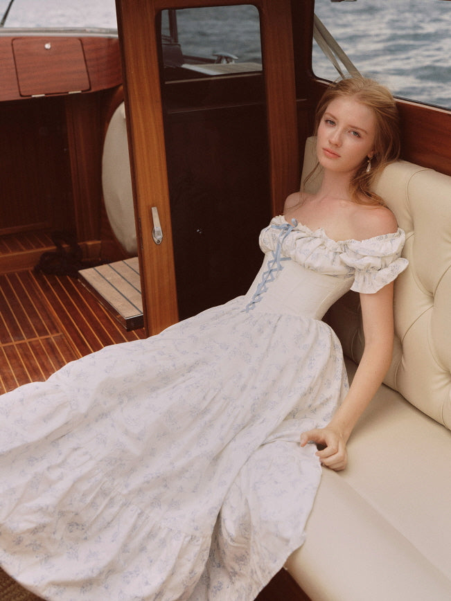 Blue Toile Vintage Lace-Up Cottagecore Dress