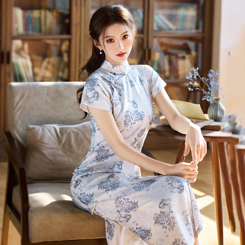 Lingxiu 灵秀 - Short Sleeve Blue Midi Cheongsam