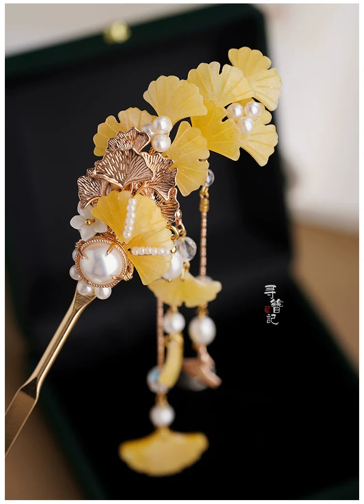 Long Tassels Hair Pins: Golden Gingko