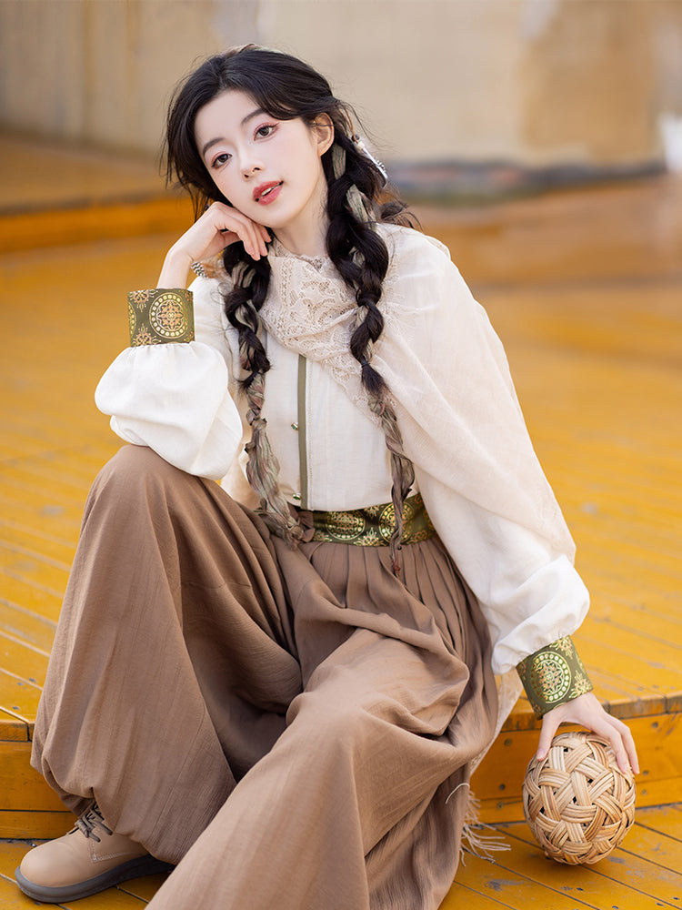 Camel Bells 驼铃 - Tang Dynasty Style Crew Neck Shirt Pleated Bloomers (Preorder)