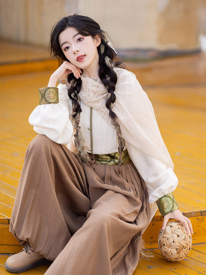 Camel Bells 驼铃 - Tang Dynasty Style Crew Neck Shirt Pleated Bloomers (Preorder)