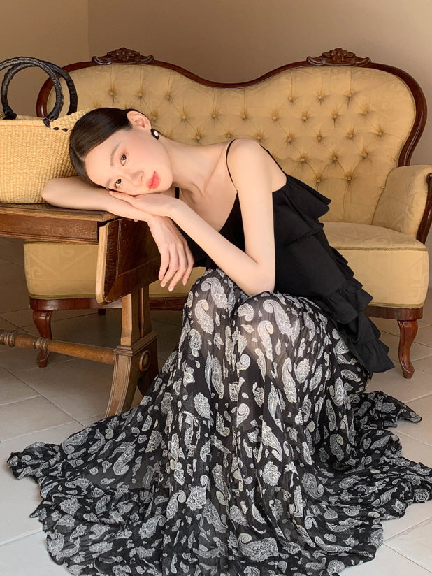 Black Ruffle Camisole & Paisley Maxi Skirt