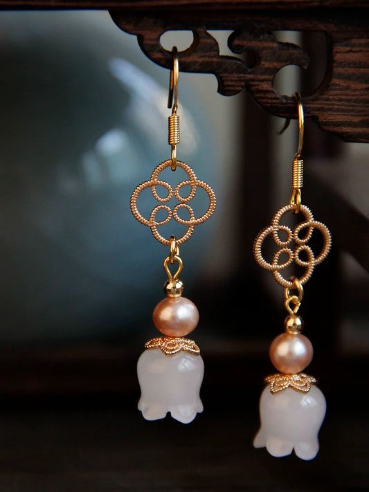 White Jade Lily Chinese Style Earrings