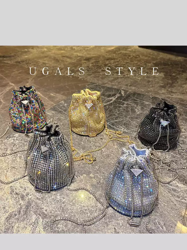 Rhinestone-Embellished Drawstring Bucket Bag