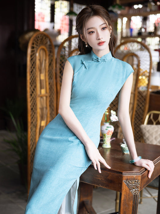 Lake - Sleeveless Vintage Blue Cheongsam
