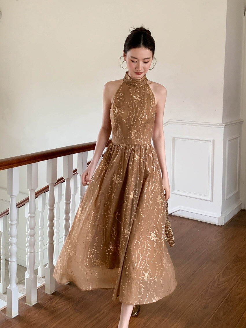 Golden Bloom Halter Dress