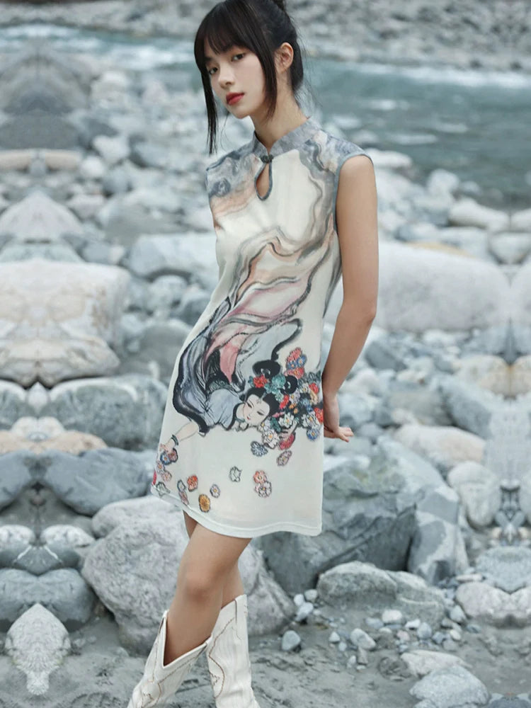 New Chinese Style Stand-Up Collar Short Dress - Chang'E