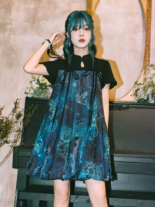 Floating Glow 蓝界浮荧 - New Chinese Sweet Short Sleeve Jellyfish Print Summer Dress (Preorder)