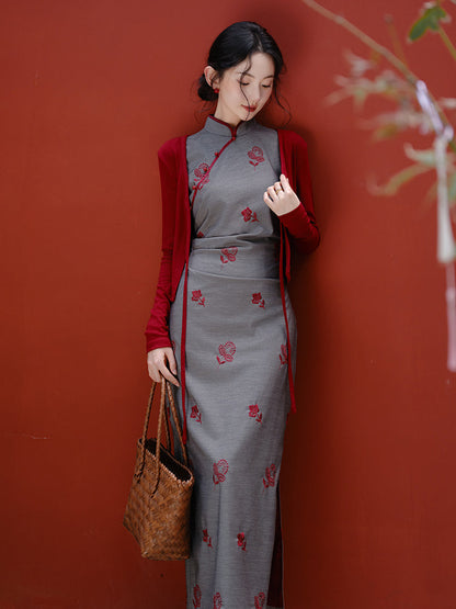 Silver Ragwort - Sleeveless Long Retro Hong Kong Style Cheongsam