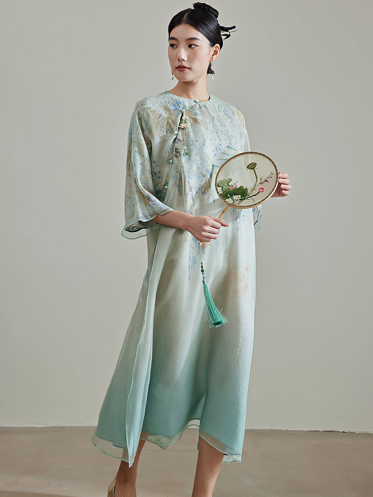 Flower Gradient - 100% Mulberry Silk Loose Cheongsam Dress