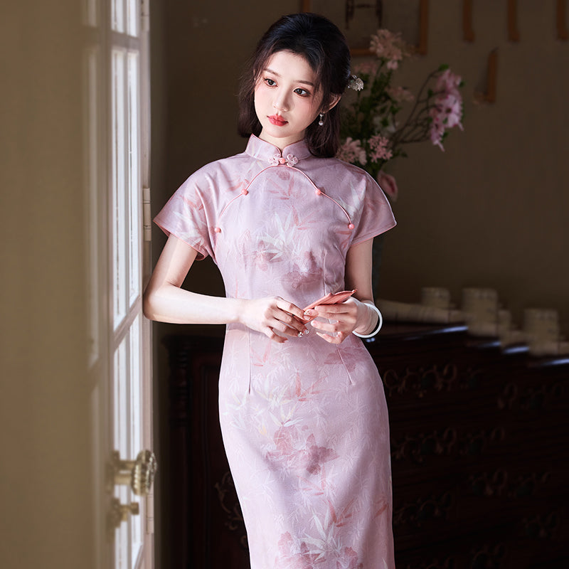 Pastel Flowers - Short Sleeve Floral Style Long Cheongsam