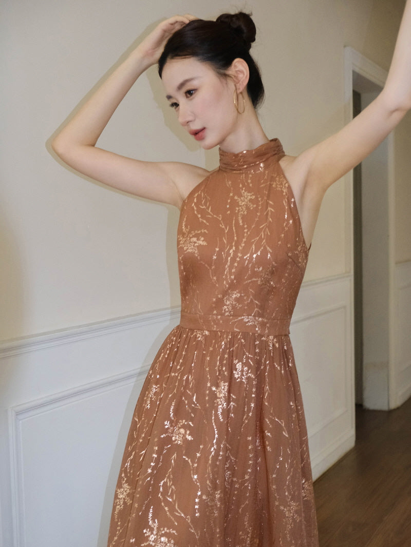Golden Bloom Halter Dress