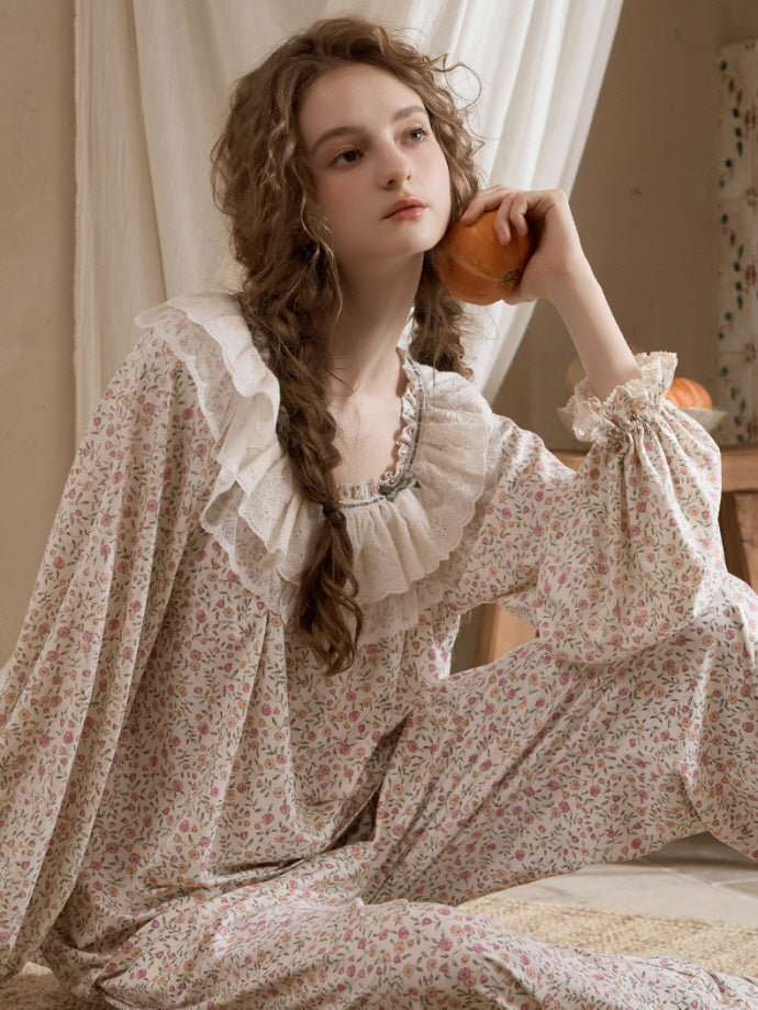 Vintage Floral Lace Collar Pajama Set