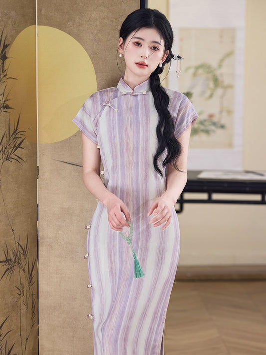 Light and Dust 和光同尘 - Short Sleeve Retro Stripes Long Cheongsam