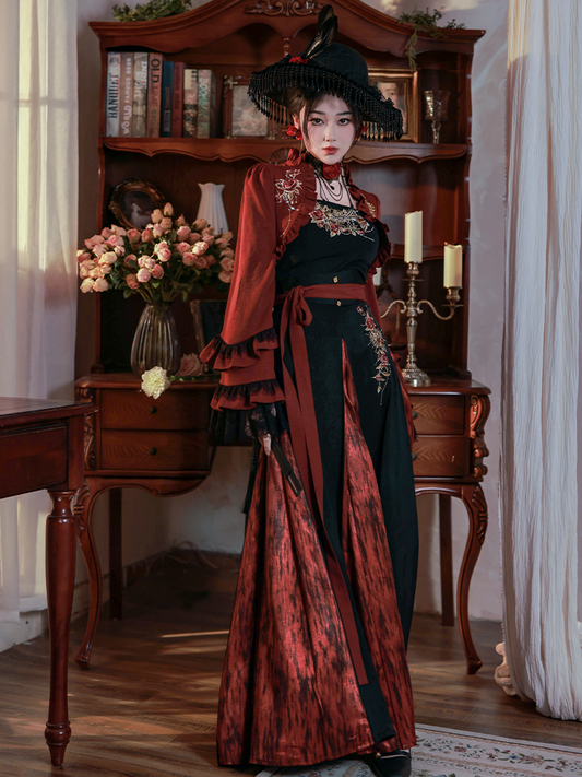 Night Earl 夜伯爵 - Dark Qi Lolita Black Lace Chinese Style Outfit (Preorder)