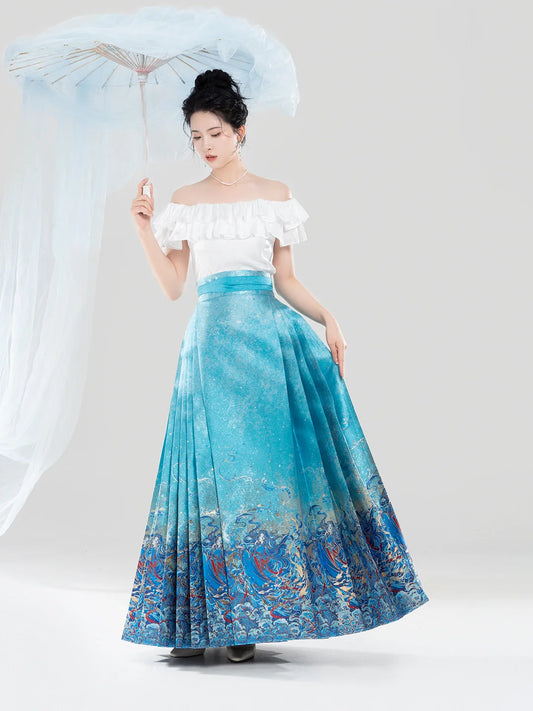 Five Elements Water 五行水 - Modern Ming Dynasty Lotus Blouse, Mamianqun Hanfu Outfit (Preorder)