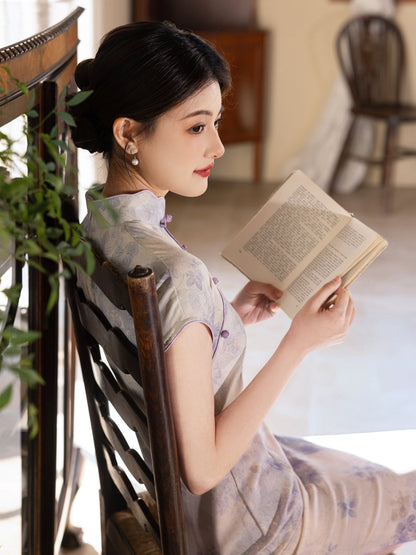Lavender - Short Sleeve Floral Midi Purple Cheongsam