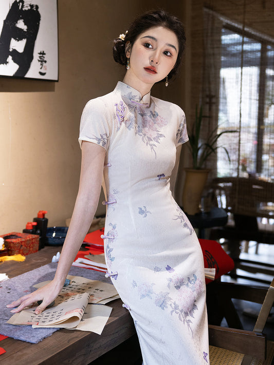 Into a Dream 入梦 - Short Sleeve Spring Purple Midi Cheongsam