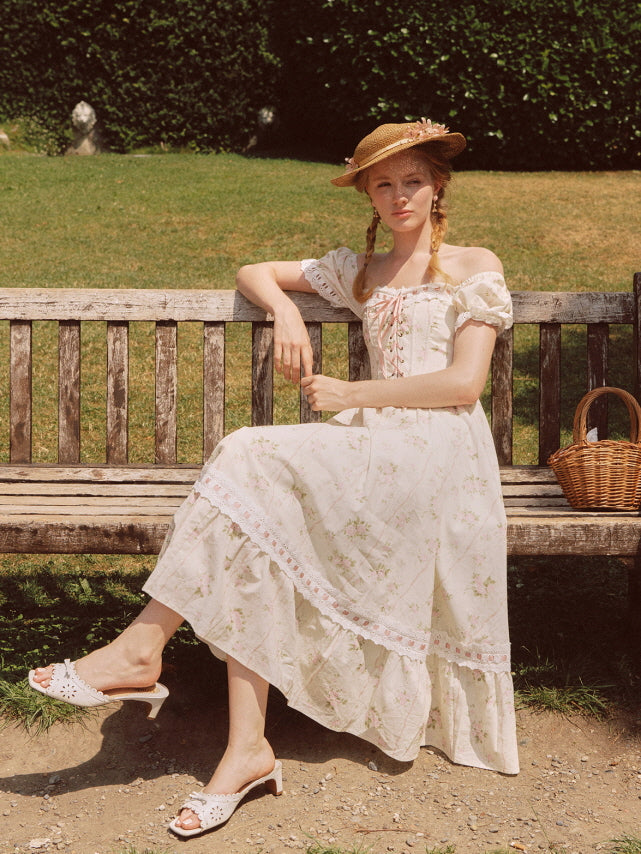 Vintage Rose Garden Lace-Up Off-Shoulder Dress