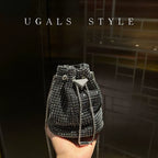 Rhinestone-Embellished Drawstring Bucket Bag