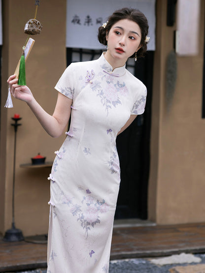 Into a Dream 入梦 - Short Sleeve Spring Purple Midi Cheongsam