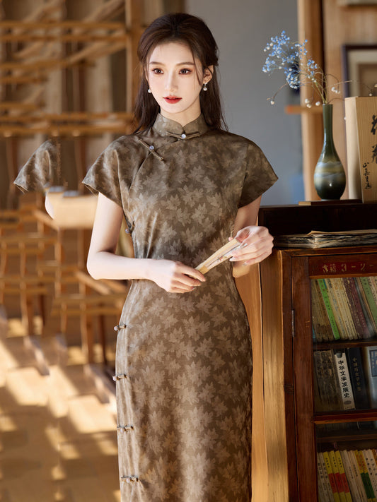 Mocha Maple Leaves 咖枫 - Short Sleeve Brown Midi Cheongsam
