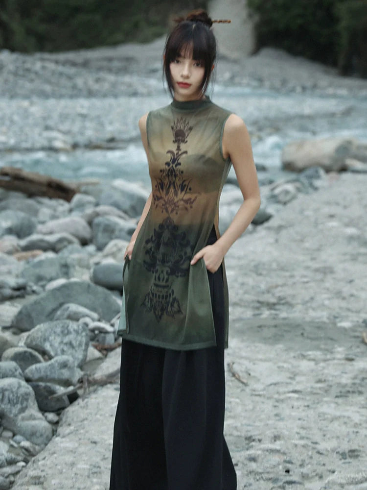 New Chinese Style Summer Slit See-Through Mesh Top