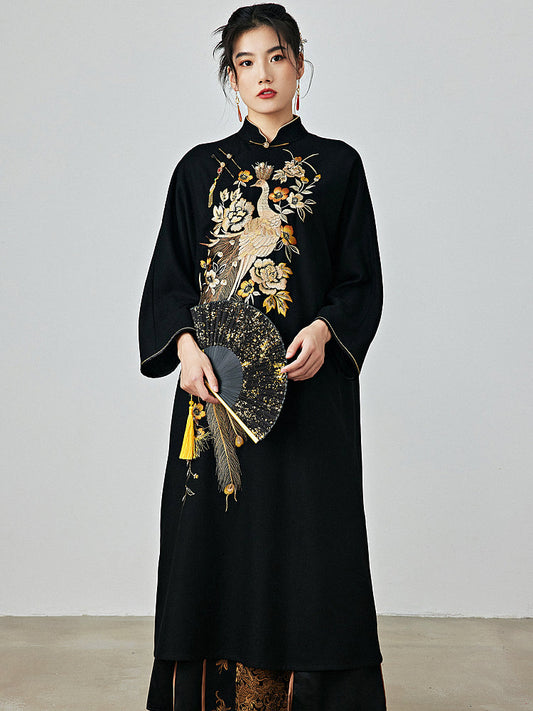 Golden Phoenix - Wool Cheongsam Dress for Autumn and Winter