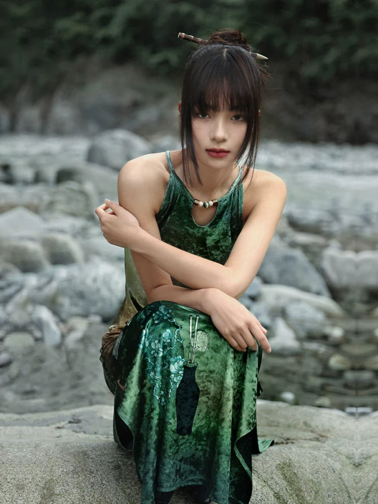 New Chinese Style Retro Cut Halter Neck Dress