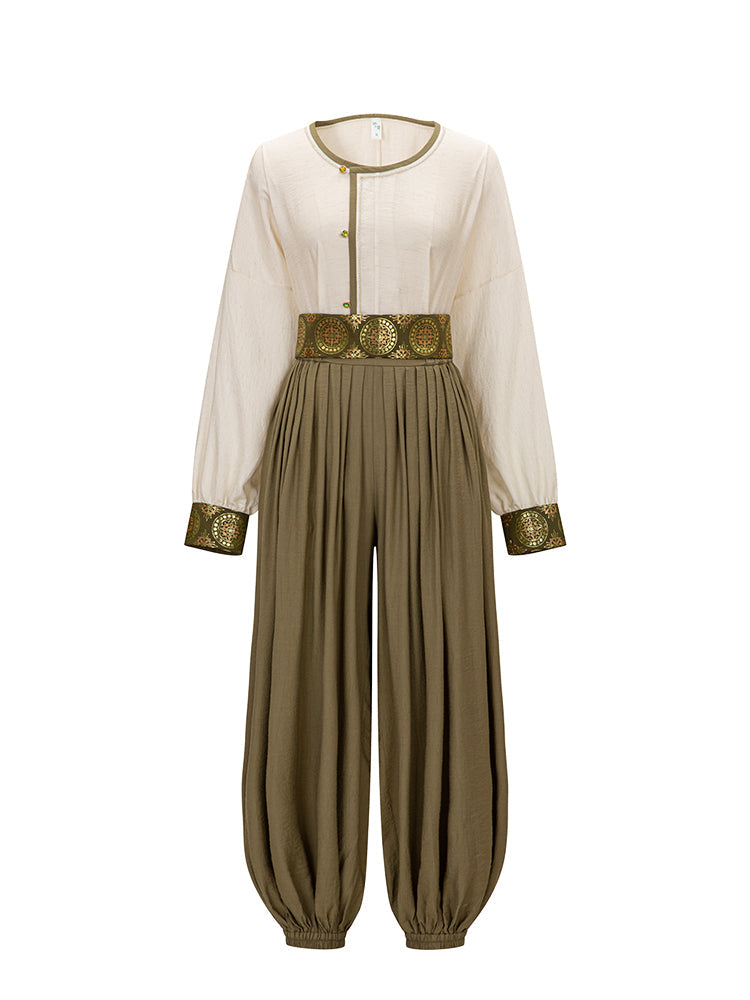 Camel Bells 驼铃 - Tang Dynasty Style Crew Neck Shirt Pleated Bloomers (Preorder)