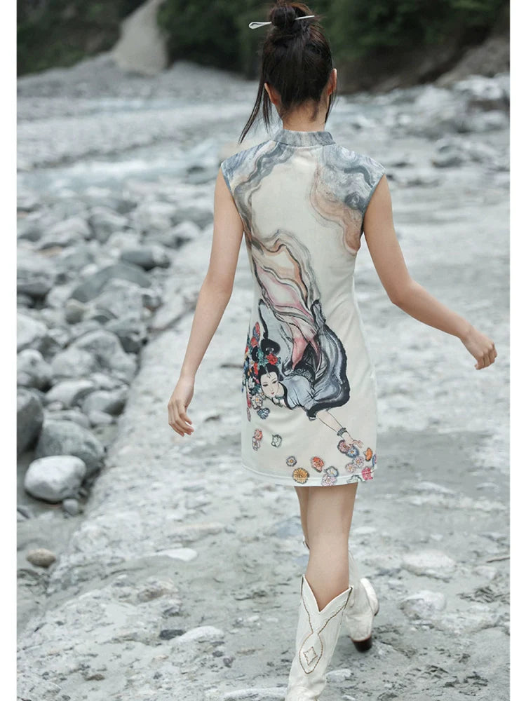 New Chinese Style Stand-Up Collar Short Dress - Chang'E