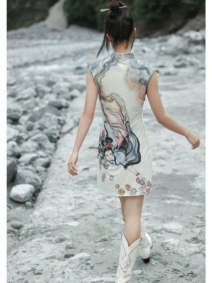 New Chinese Style Stand-Up Collar Short Dress - Chang'E