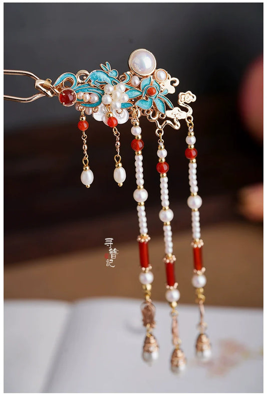 Long Tassels Hair Pins: Jade Flowers