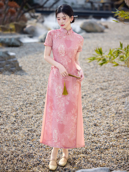 Flower Lantern 花灯游 - Short Sleeve Pink Long Cheongsam