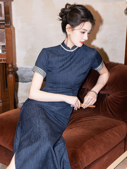 Qingshan Dai 青山黛 - Short Sleeve Midi Blue Cheongsam