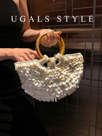 Vintage Handwoven Shell Disc Bucket Bag