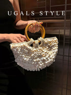 Vintage Handwoven Shell Disc Bucket Bag