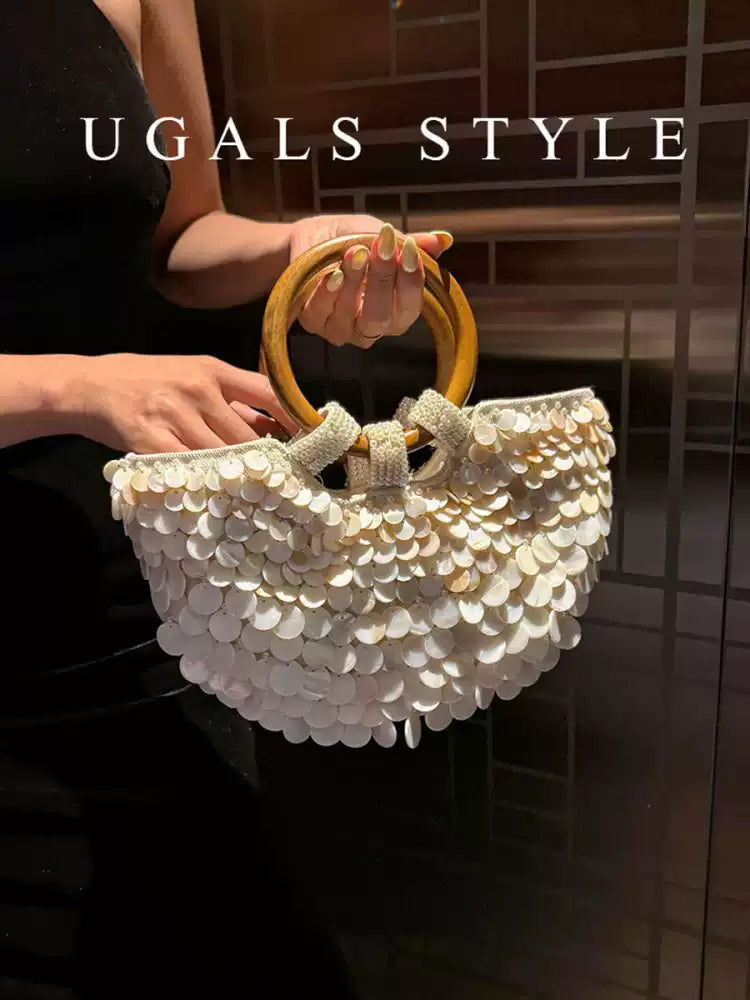 Vintage Handwoven Shell Disc Bucket Bag