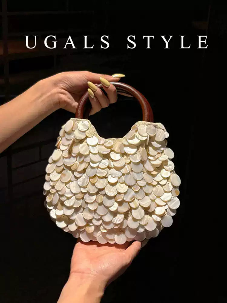 Handwoven Seashell Pearl Bucket Bag