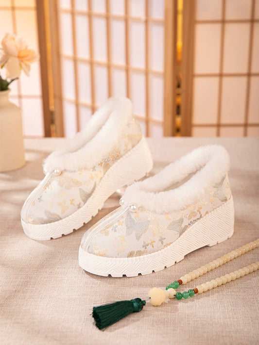 Mary - Furry Brocade Hanfu Shoes for Winter