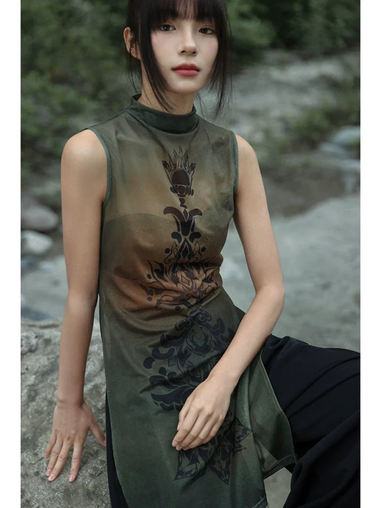 New Chinese Style Summer Slit See-Through Mesh Top