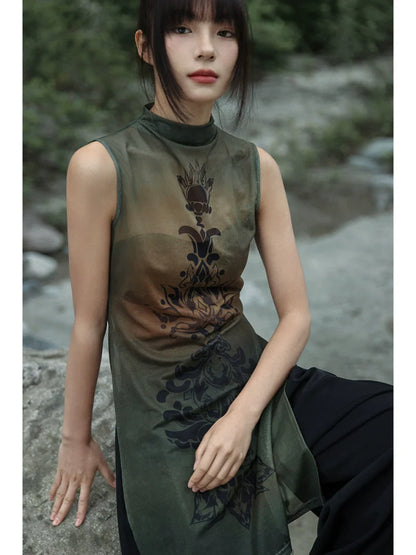 New Chinese Style Summer Slit See-Through Mesh Top