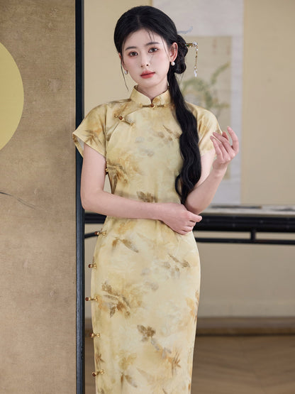 Golden Jade - Short Sleeve Vintage Style Long Cheongsam