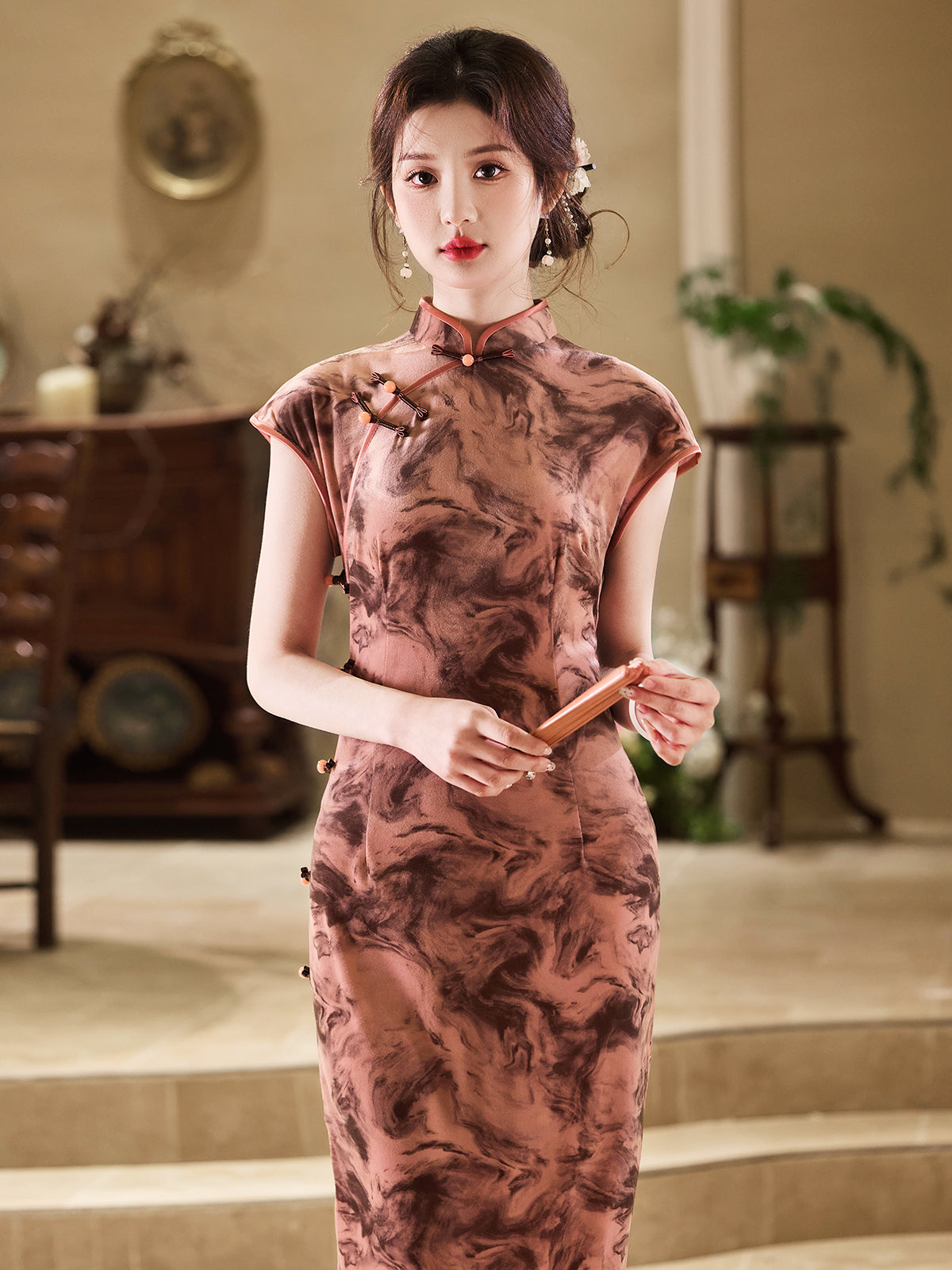 Velvet - Short Sleeve Vintage Red Long Cheongsam