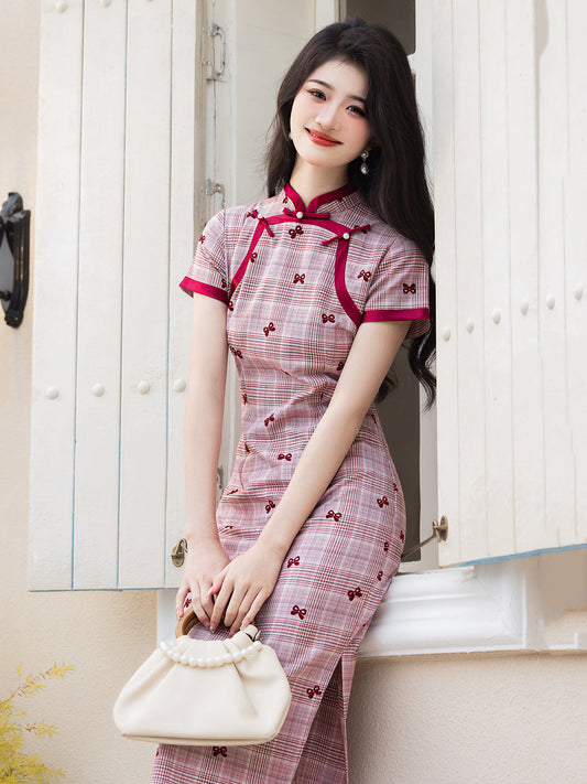 Red Bows - Short Sleeve Midi Cheongsam