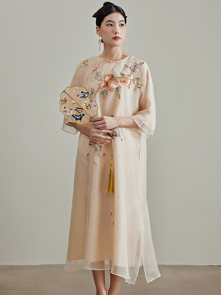 Pomegranate - 100% Silk Loose Cheongsam Dress